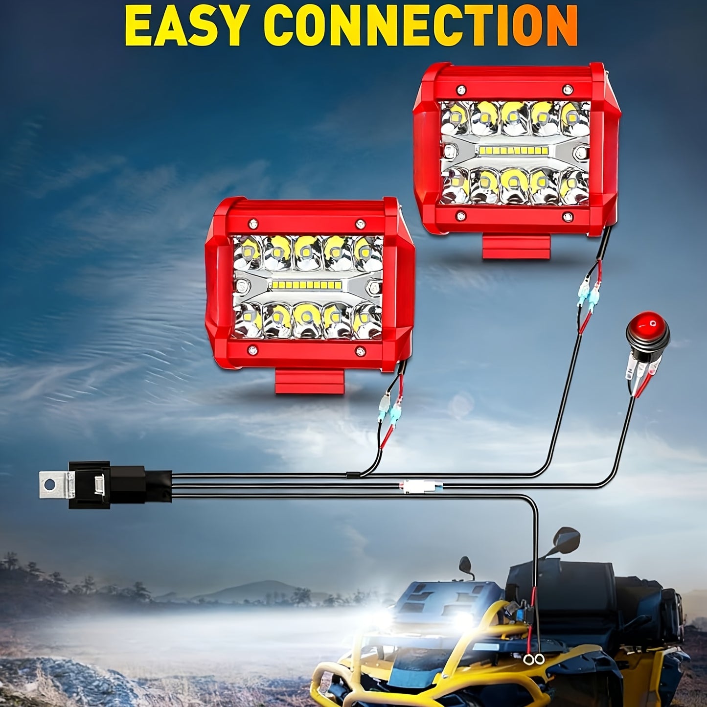 [LED Pod Lights] 4 Inch LED Pod Lights, Flood LED/Driving/Off Road Lights LED Light Bar With 2 Leads Wiring Harness, Cube Pods For Truck Boat ATV UTV, 2pcs Red, Without Battery
