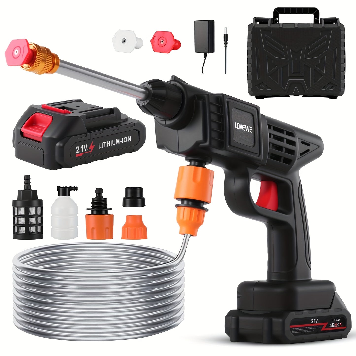 LOVEWE 300 Watt Cordless High Pressure Electric Car Wash - Equipped with 6-in-1 Nozzle, 1.3GPM Handheld Car Wash Gun, for Car Wash/Home/Floor/Garden Cleaning, Includes1/2 X 15000mAh Batteries, 60 Minutes Battery Life, for Independence Day