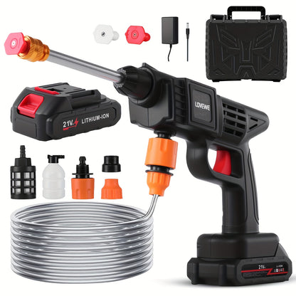 LOVEWE 300 Watt Cordless High Pressure Electric Car Wash - Equipped with 6-in-1 Nozzle, 1.3GPM Handheld Car Wash Gun, for Car Wash/Home/Floor/Garden Cleaning, Includes1/2 X 15000mAh Batteries, 60 Minutes Battery Life, for Independence Day
