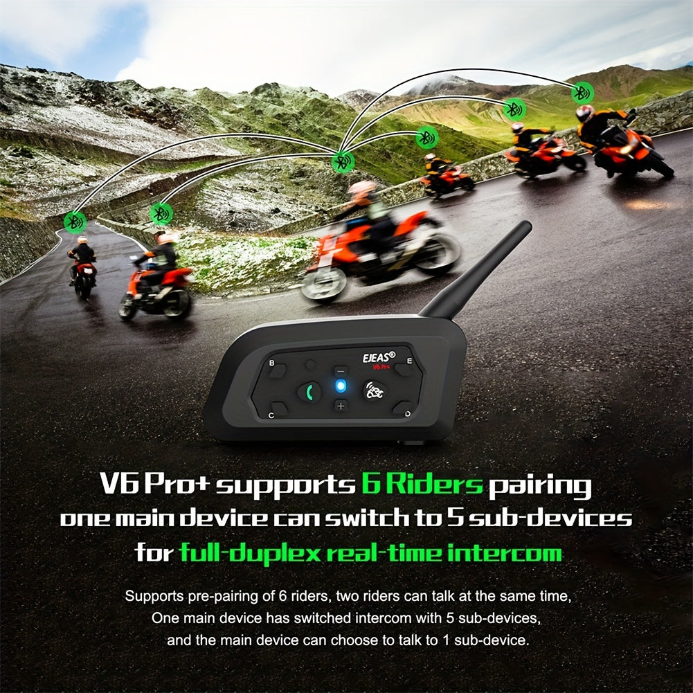 EJEAS V6 PRO+ Motorcycle Helmet Intercom 2-Pack – Bluetooth 5.0, 800M Range, 6-Rider Group, Type-C Charging