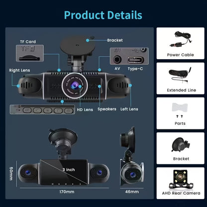 FHD 1080P 3/4-Channel 360° Car Dashcam, WIFI, IR Night Vision, Loop Recording, Car DVR Recorder, 3.0" IPS Screen, Rechargeable Battery 180Mah, 12-24V Car Plug, Optional 32GB Memory Card (Black), Car Parts/ Car Dashboard Camera/ Christmas Gift/