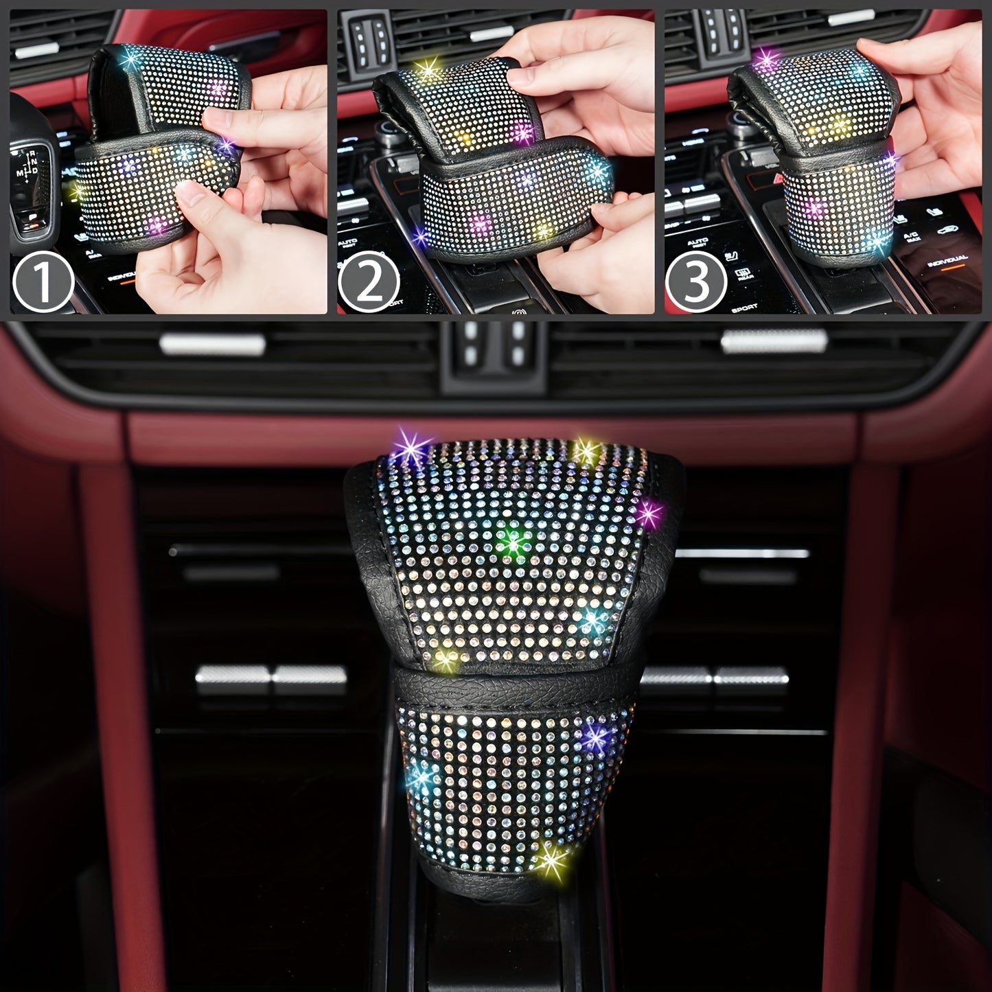 Set of 8 Sparkly Car Additions for Women, Including a Glittery Steering Wheel Cover, Shiny Car Coasters, Belt Shoulder Pads, Ring Emblem Sticker, And Gear Shift Cover