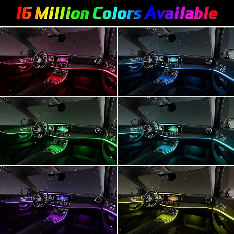 RGB Car Interior LED Light Kit, USB Powered with App & Remote Dual Control, Music Sync Fiber Optic Strip Lights for Dashboard & Door, Battery-Free Ambient Atmosphere Christmas Decorative Lighting, Easy Installation, DIY Car Mod