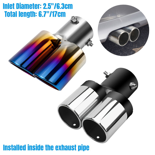 Stainless Steel Dual Exhaust Tip, Stainless Steel Double Outlet Car Muffler Tail Tip Exhaust Curved Type Tailpipe Tip, 63Mm/2.5" Inlet Bolt-On Exhaust Tip Bevel Port