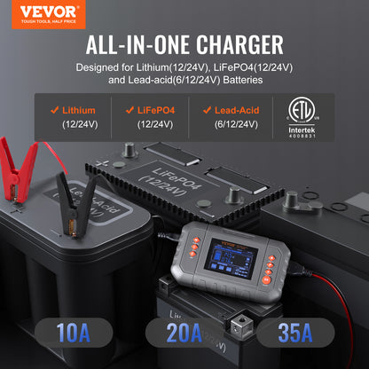 VEVOR Smart Battery Charger, 35-Amp, Lithium LiFePO4 Lead-Acid (AGM/Gel/SLA) Car Battery Charger with LCD Display, Trickle Charger Maintainer Desulfator for Boat Motorcycle Lawn Mower Deep Cycle