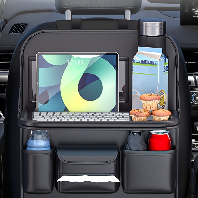 Universal Premium PU Leather Car Seat Back Organizer - Spacious Storage Bag with Back Seat Dining Table, Cup Holder, And Travel Accessories for A Comfortable Ride