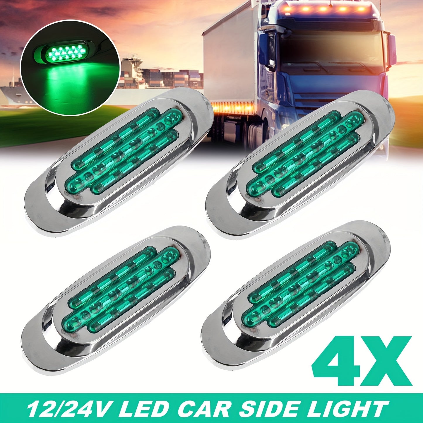 4pcs LED Side Marker Lights for Trucks & Trailers - 16 LEDs, Dual Mode (Steady On + Flash), Fits 12-24V Vehicles - Available in Amber, White, Red, , Green