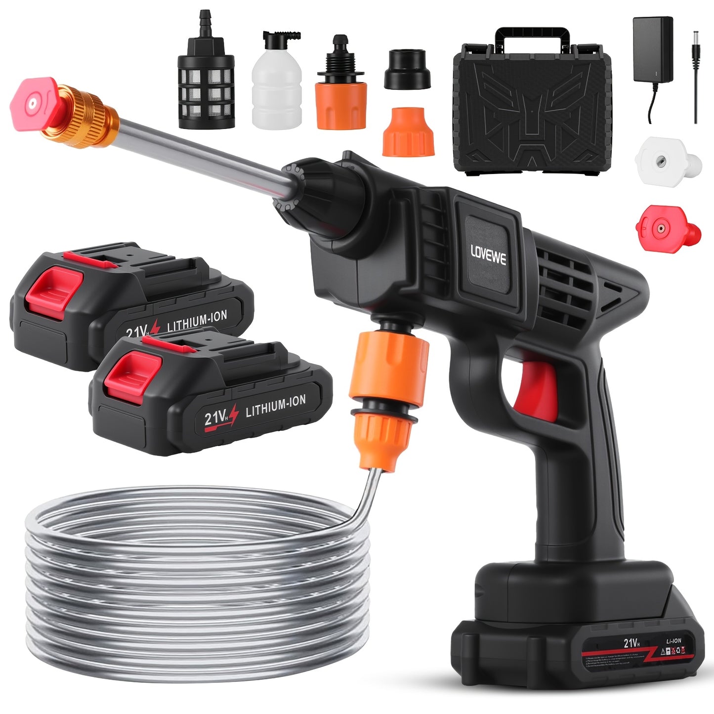 LOVEWE 300 Watt Cordless High Pressure Electric Car Wash - Equipped with 6-in-1 Nozzle, 1.3GPM Handheld Car Wash Gun, for Car Wash/Home/Floor/Garden Cleaning, Includes1/2 X 15000mAh Batteries, 60 Minutes Battery Life, for Independence Day