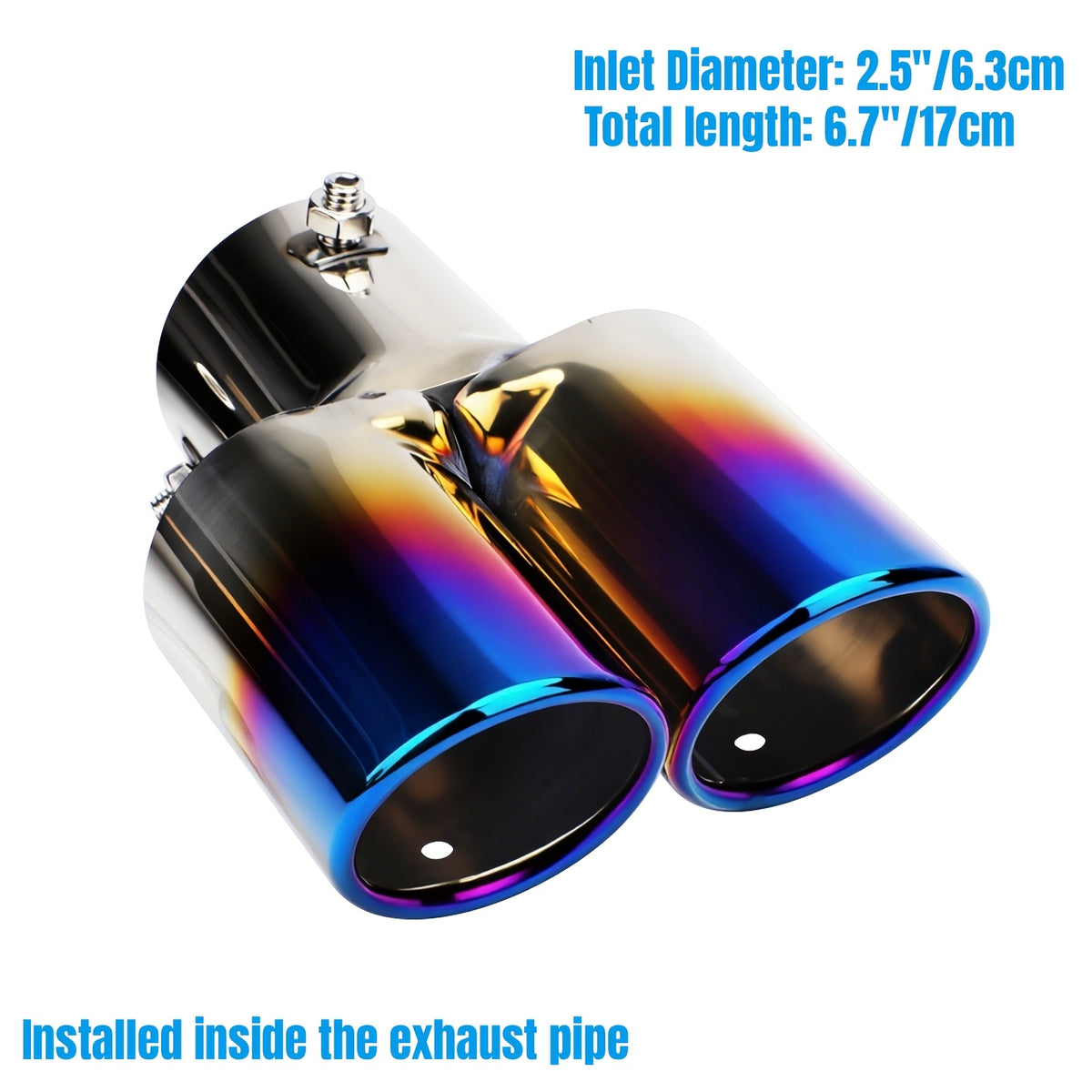 Dual Exhaust Tip Stainless Steel 2.5" Inlet – Double Outlet Curved Bolt-On Muffler Tail Tip, Bevel Port, Black & Blue