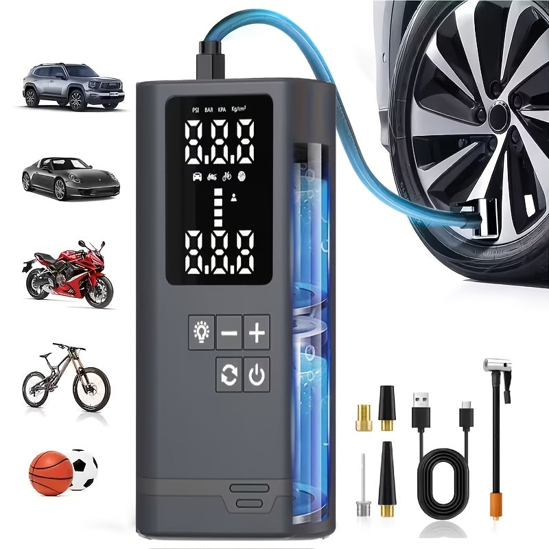 Portable Tire Inflator Air Compressor, Quick Wireless Air Pump, with Digital Display Screen, LED Light, USB Charging, Includes Multi-Function Nozzle Adapter, Lithium Battery, Suitable for Car, Motorcycle, Bicycle Tires, Balls, Car Parts, Sports Balls