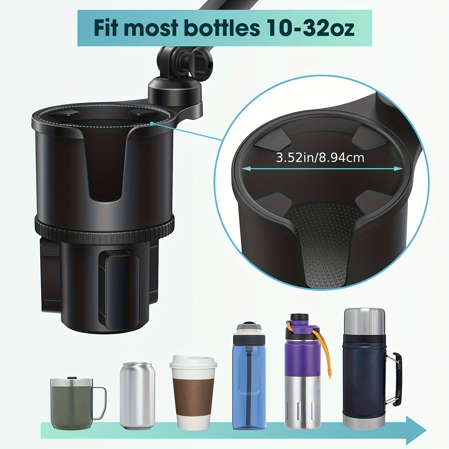 1 In-car 2-in-1 Holder, Versatile Portable Swivelable Car Phone Cup Holder for Cars, SUVs, Trucks, with Shock Trim, Black Car Cup Holder Extender