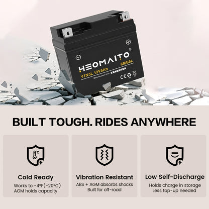 HEOMAITO 6MG5L-YTX5L 12V 5Ah Sealed Battery, Maintenance-Free Power, for AGM, Motorcycle CTX5L Battery for Honda YUASA for Yamaha ETX5L-B