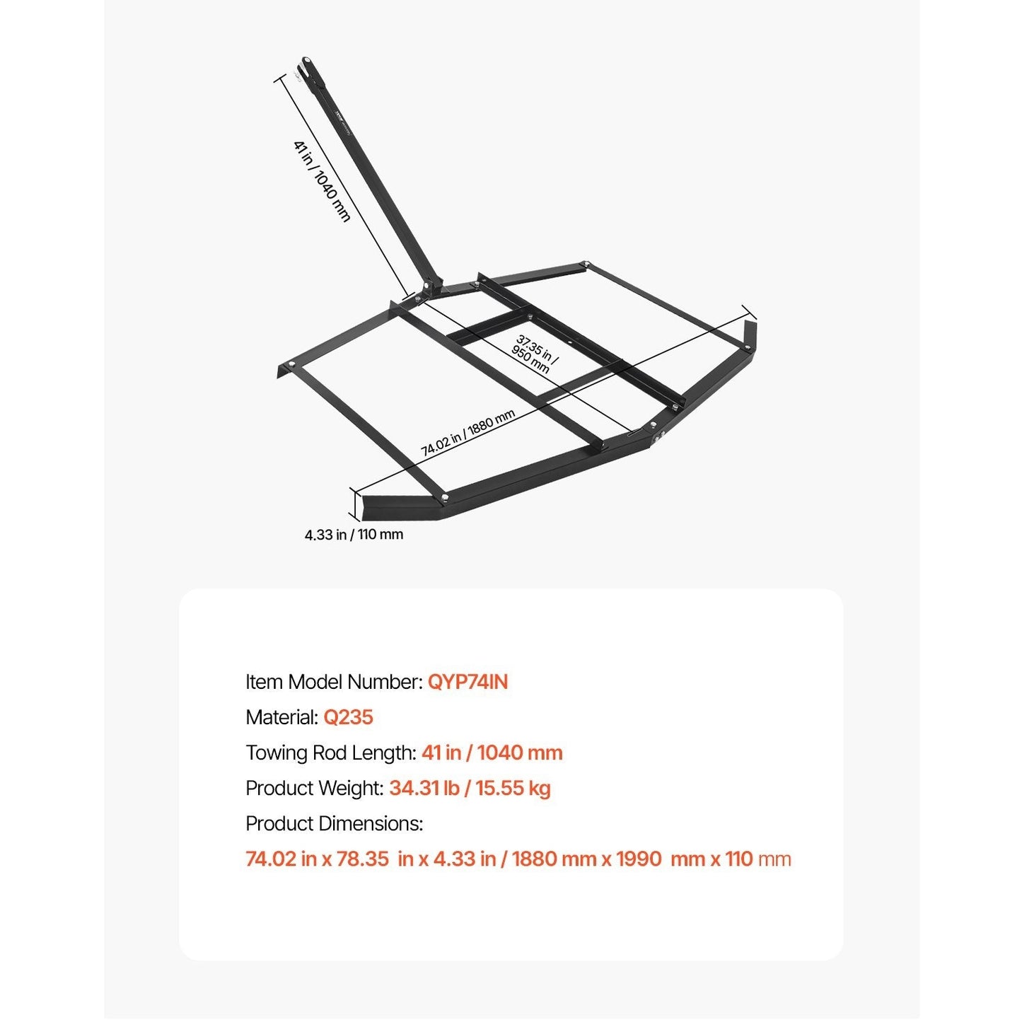 Drag Harrow 66/74/84" Width Tow Behind Drag Harrow Steel Gravel Grader ATV UTV