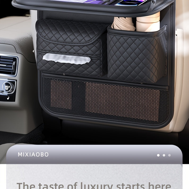 2025 New Spacious Faux Leather Car Seat Back Storage Bag | Foldable Organizer Featuring Tablet Holder, Cup Holder & Mesh Pocket, Versatile Car Seat Back Organizer for Rear Seats, Perfect Gift