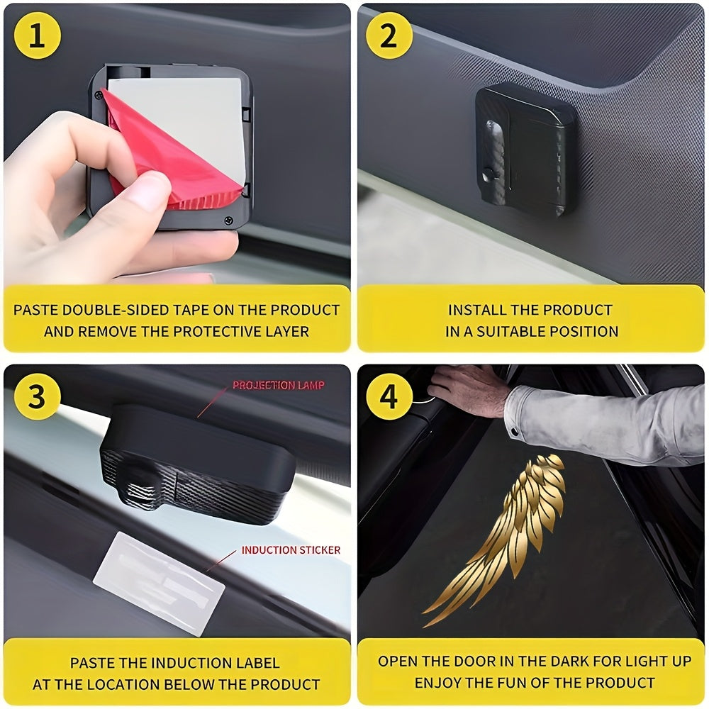4pcs Yellow Angel Wings Car Door Welcome LED Projector - Vivid LED Lights for Cars, Bicycles, Etc., Battery Powered, Easy to Install, Car Decorative Lights | Decorative Angel Wings Head Door Sign Light, Without Battery