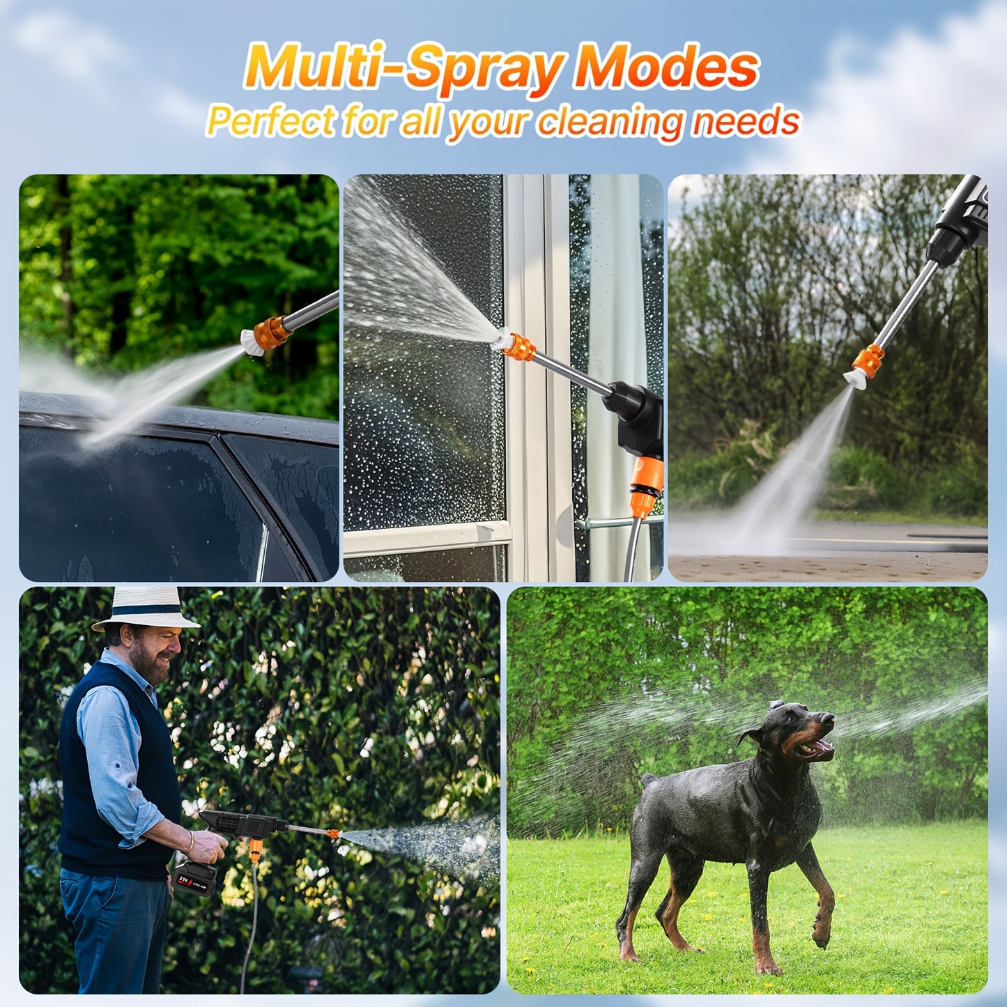 LOVEWE 300 Watt Cordless High Pressure Electric Car Wash - Equipped with 6-in-1 Nozzle, 1.3GPM Handheld Car Wash Gun, for Car Wash/Home/Floor/Garden Cleaning, Includes1/2 X 15000mAh Batteries, 60 Minutes Battery Life, for Independence Day