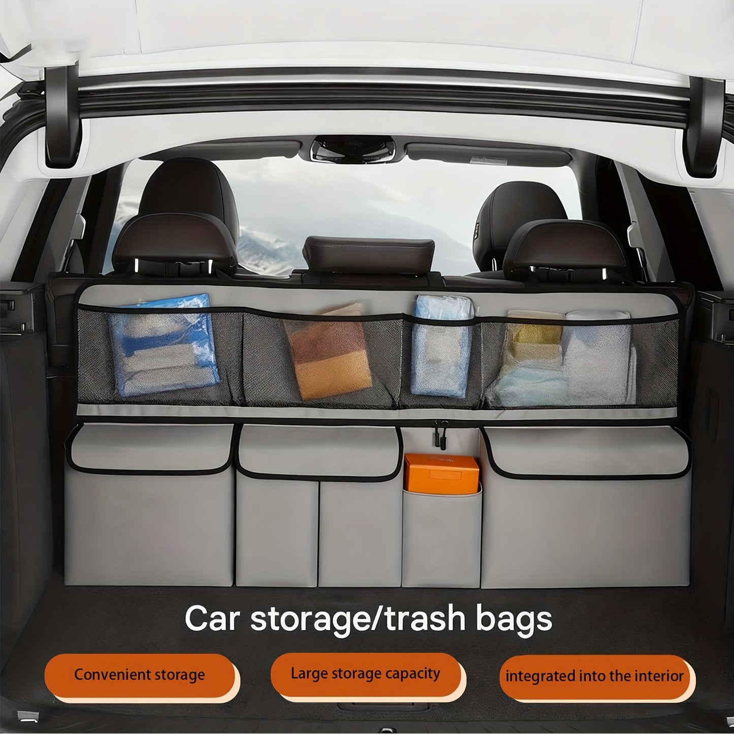 1 One Oxford Cloth Car Trunk Organizing Folders, High Capacity Adjustable Rear Seat Storage Bag, Car Trunk Storage, with Storage Pocket, Universal Fit Vehicle Interior Accessories