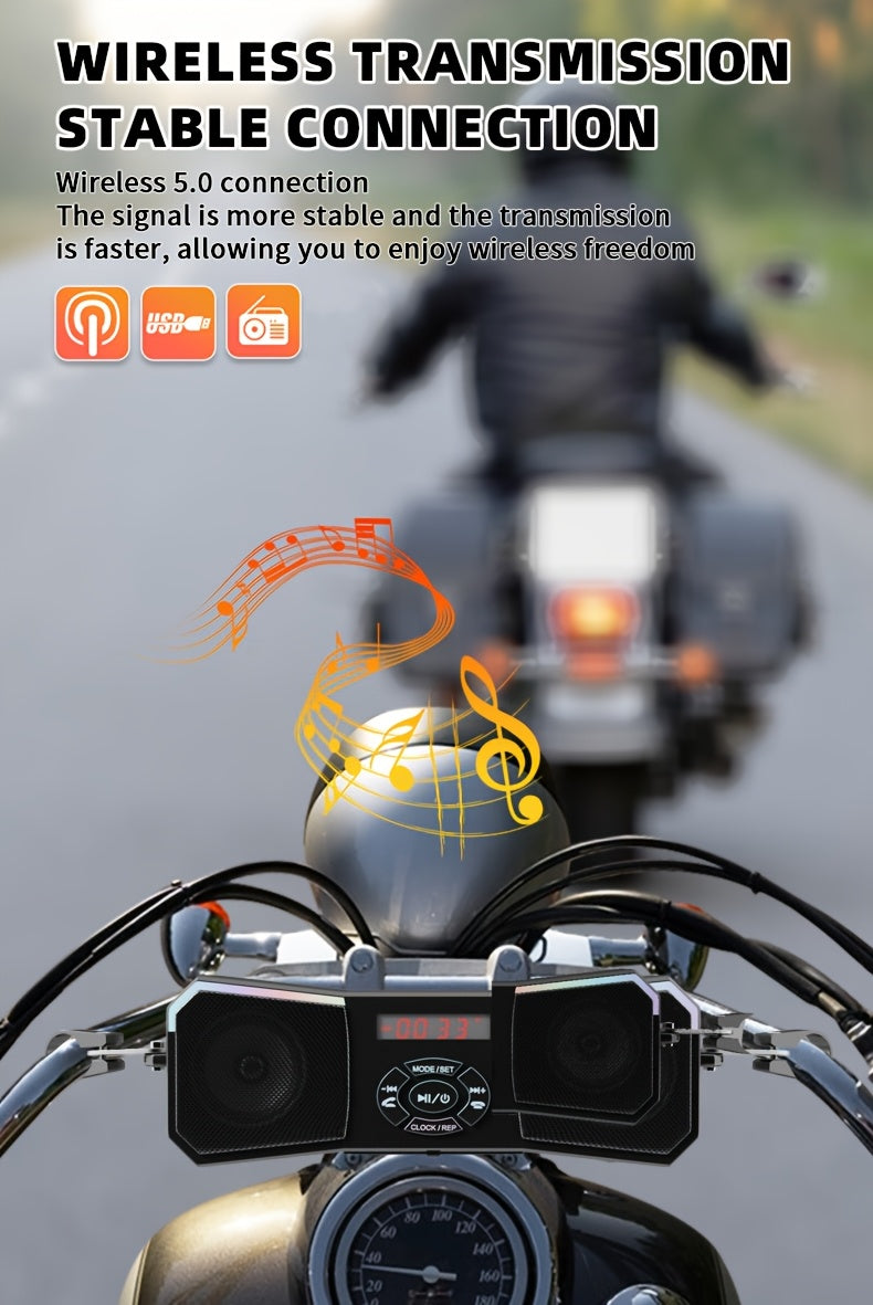 Korbros Handlebar Mount Stereo Wireless Motorcycle Speakers, MP3 Music Player Audio Amplifier, AUX-in, USB, FM Radio, 12V, Room Electrical/Hard Wiring, Button Control, Off-road-motorcycles, Without Battery