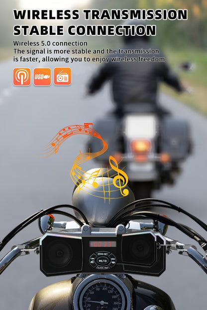 Korbros Handlebar Mount Stereo Wireless Motorcycle Speakers, MP3 Music Player Audio Amplifier, AUX-in, USB, FM Radio, 12V, Room Electrical/Hard Wiring, Button Control, Off-road-motorcycles, Without Battery
