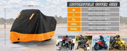 Motorcycle Cover, 210D, All-Weather Outdoor UV And Dust Protection, Protects Paintwork with Reflective Strips, Suitable for Harley-Davidson, for HONDA, And for SUZUKI (Black And Orange)