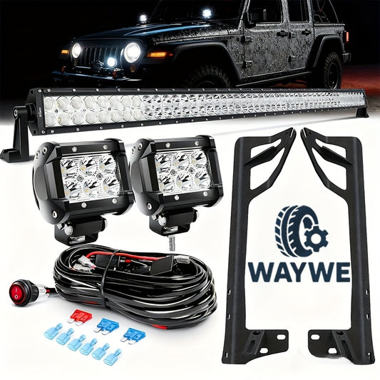 [LED Light Bar Combo] 52Inch LED Light Bar Combo Beam 2pcs 18W 4Inch S Beam LED Pods Windshield Frame Mounting Bracket for Jeep for Wrangler JK 2007-2017 with Off Road Wiring Harness 3 Leads