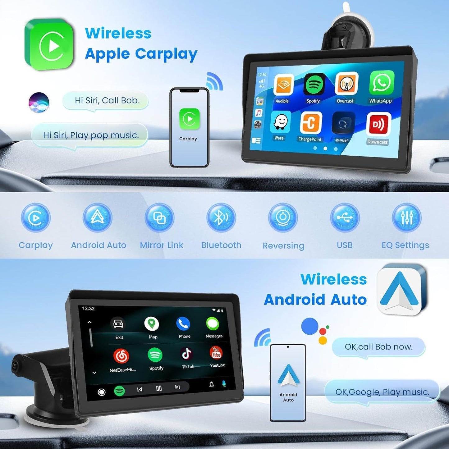 2026 New 7-inch Car Display With Built-in Audio System, Ultra HD Touchscreen, Backup Camera, Wireless Connectivity, GPS Navigation, Supports CarPlay And Android Auto, Mirror Link, FM Radio. Opional 10.26" 9" Carplay Wireless Car