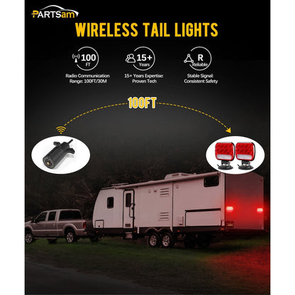 Partsam Wireless LED Trailer Light Kit Magnetic Towing Tail Light Portable Universal Stop Turn Running Backup Reverse Red+Clear Lens w/ 7-Pin Plug Dual USB Cable Charger for Trucks Trailers 12-24V, IPX5