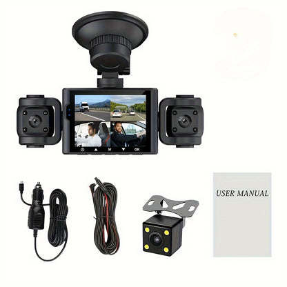 Black Friday Offer, 2.4-Inch 1080P Car Camera, Four-Channel Recording, Three-Screen HD Car Camera, Features 480P Images from Left, Right, And Rear, Plus Motion Detection, Night Vision, And Wide Dynamic Range, Optional 64GB Memory Card