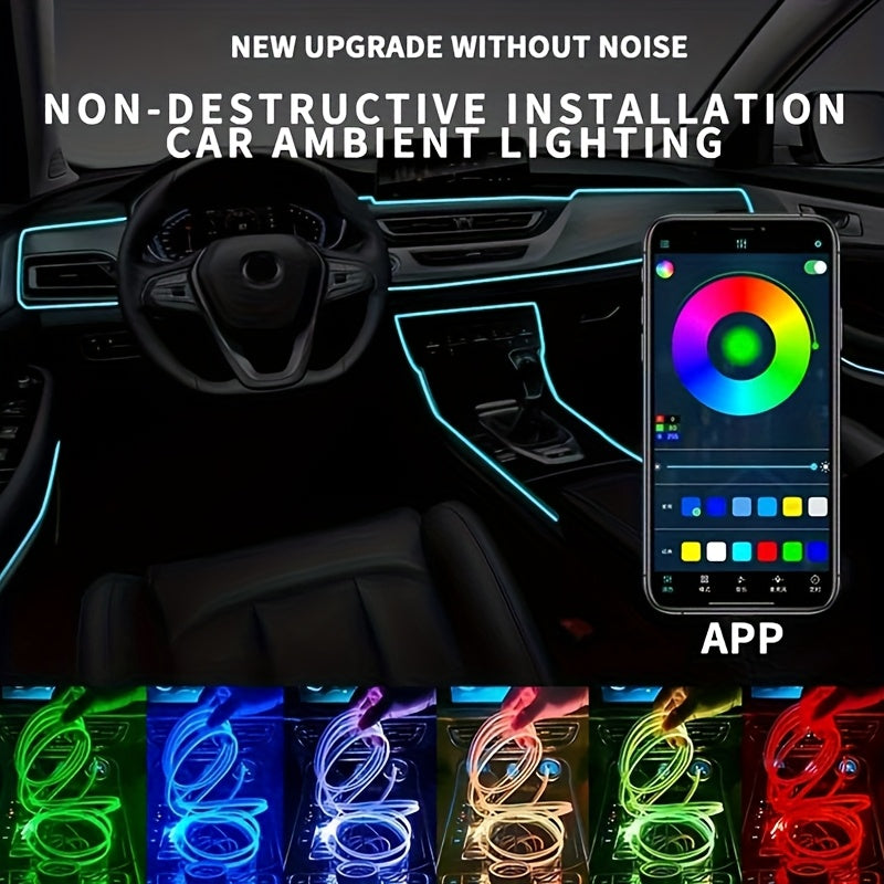1 Set 236 Inches RGB 5in 1 Ambient LED Strip Lights Kit- Wireless App Controlled, 16 Million Colors, Sync to Music,  12V, Room Electrical/Hard Wiring, for Motor Vehicles, with Fiber Optic Cable