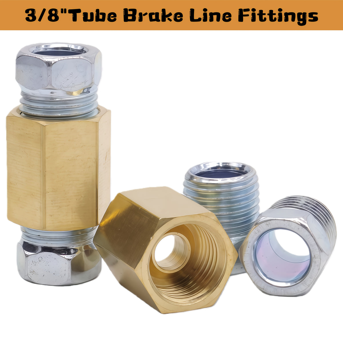 Brake Line Fittings Assortment – 3/16" 1/4" 5/16" 3/8" Tube, Inverted Flare Union Connectors, Multiple Thread Sizes with Hose Clamps
