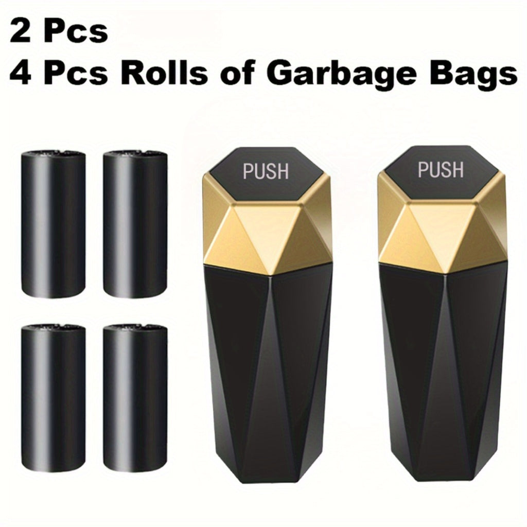6pcs Car Storage, Creative Mini Diamond Car Trash Can, 2 Trash Cans, 4 Rolls of Trash Bags (60 Trash Bags), Stylish, Easy to Operate, One-Button Operation, Make Your Car Cleaner And Tidier, Suitable for Most Cars, Trucks And Suvs