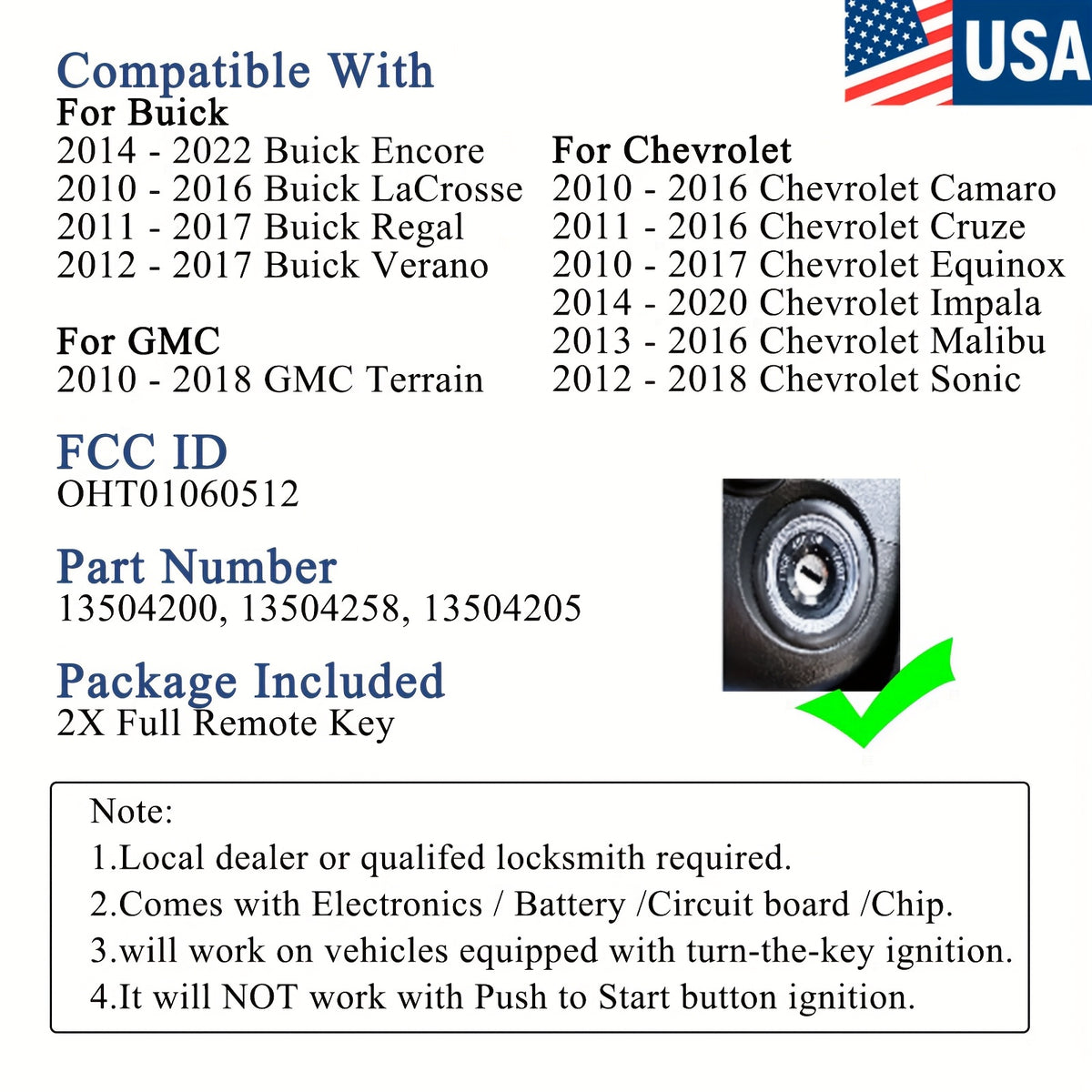 Chevy Buick GMC Key Fob Replacement – 2pcs Flip Remote OHT01060512 315MHz 4-Button, Fits Camaro Equinox Malibu Impala Cruze Encore LaCrosse Terrain 2010-2022