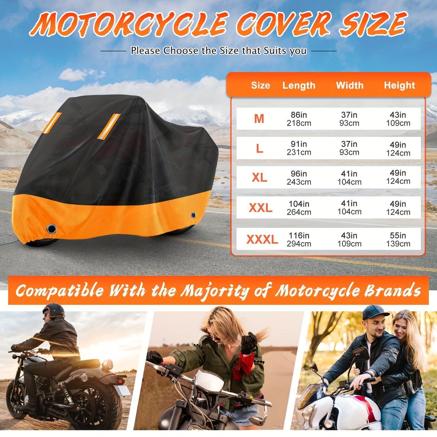 Motorcycle Cover, 210D, All-Weather Outdoor UV And Dust Protection, Protects Paintwork with Reflective Strips, Suitable for Harley-Davidson, for HONDA, And for SUZUKI (Black And Orange)