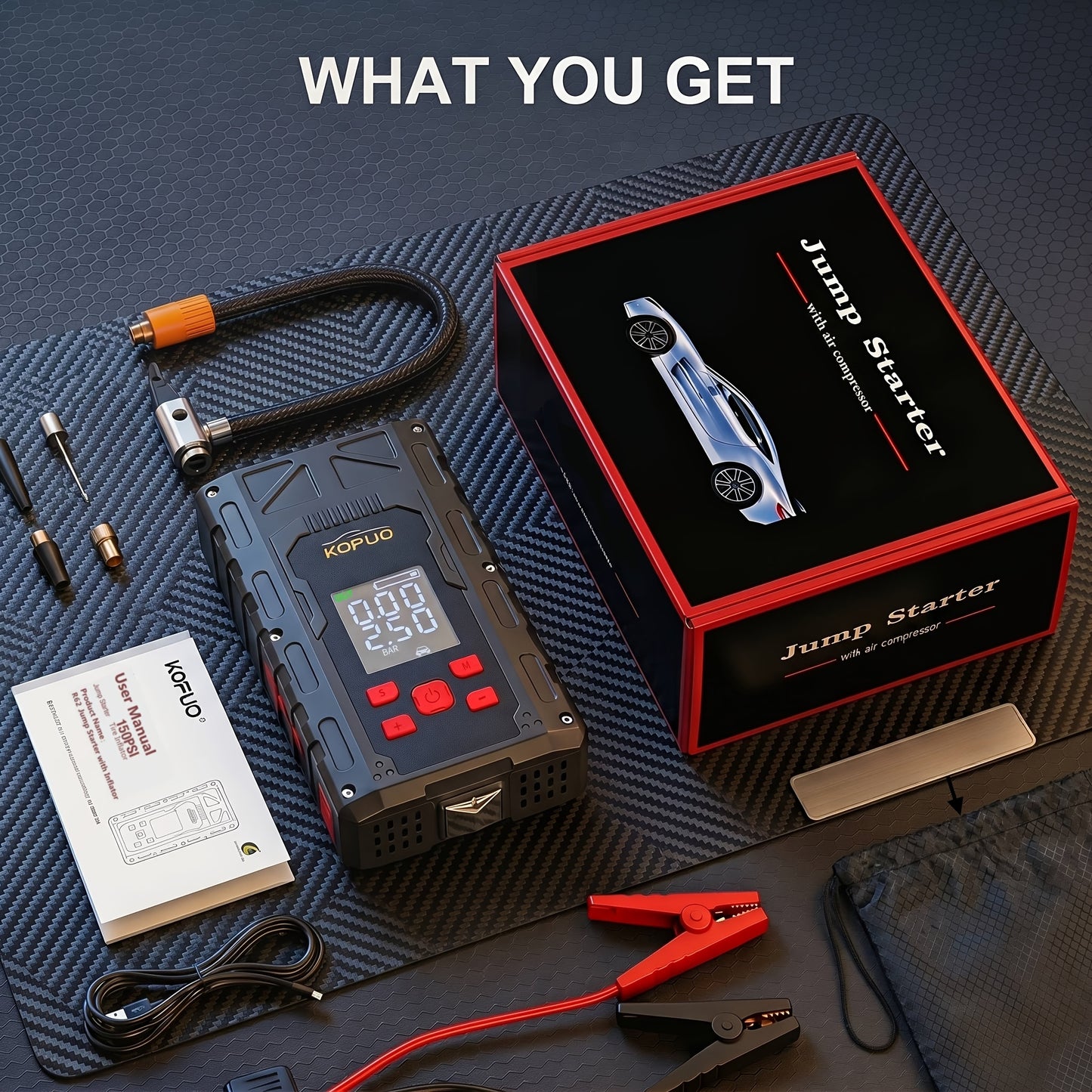 6000-20000A Peak Single Jump Starter Or 12V Portable Car Jump Starter with Air Compressor, Jump Starter Battery Pack with 150PSI Tire Inflator, 7-in-1 Multi-functional Battery Booster Power Bank with LED Light, Car Battery Charger, Roadside Assistanc