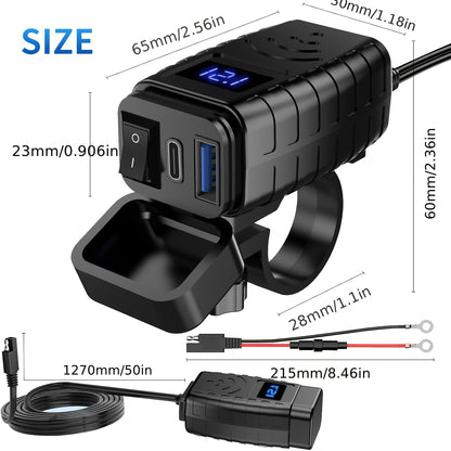 Motorcycle USB Charger Dual USB Type-C PD & Quick Charge 3.0 with Voltmeter & ON/OFF Switch – Fast Charging for Phone Tablet