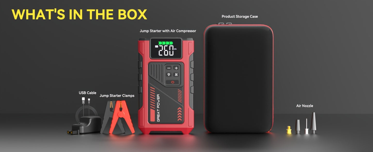 Portable Car Jump Starter with Air Compressor, Jump Starter for Car, 5000A Peak(2.11gal Gas, 1.72gal Diesel) with 150 PSI Tire Inflator, 12V Car Battery Jump Power Pack, Car Jumper Starter Portable, 5in 1 Function Jump, Battery Charger, Smart Cables