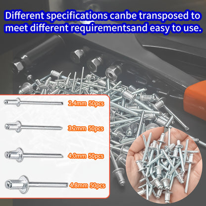 4-in-1 Hand Riveter Gun Kit with 200 Rivets - Heavy-Duty Pop Rivet Tool, 4 Interchangeable Nosepieces & Multi-Size (3/32”, 1/8”, 5/32”, 3/16”) for Metal Riveting - Compatible with Automotive,, - Rivet Gun Kit for Metals
