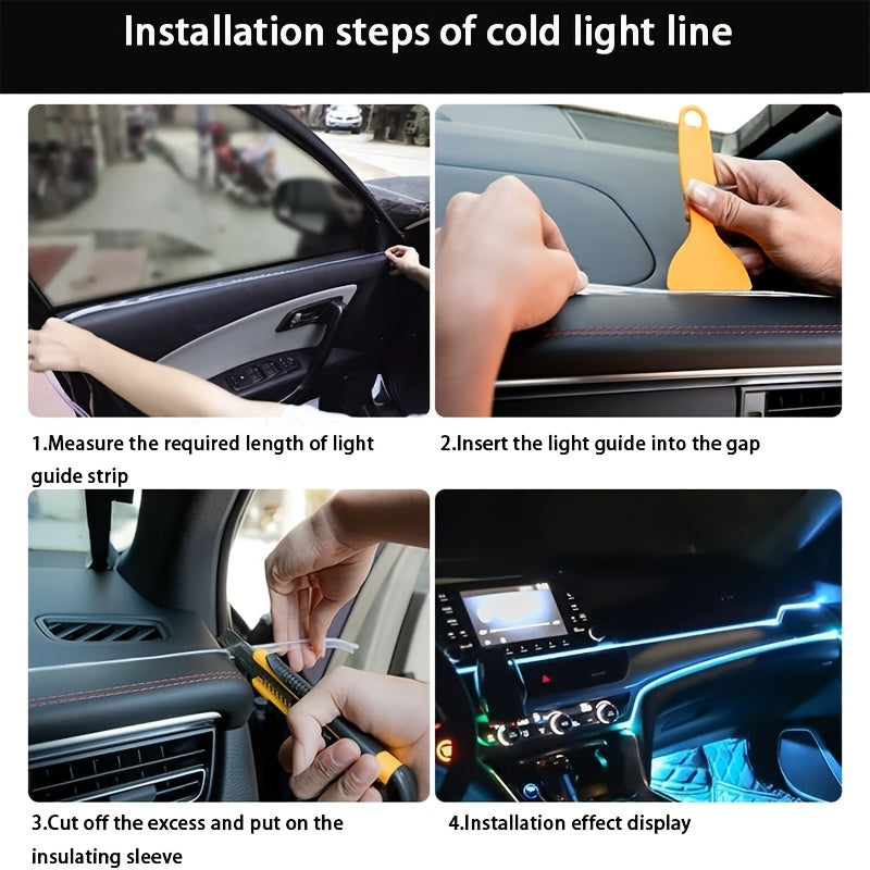 RGB Car Interior LED Light Kit, USB Powered with App & Remote Dual Control, Music Sync Fiber Optic Strip Lights for Dashboard & Door, Battery-Free Ambient Atmosphere Christmas Decorative Lighting, Easy Installation, DIY Car Mod
