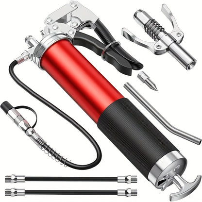 Grease Gun Kit 8000 PSI Heavy Duty Pistol Grip Grease Gun with Quick Locking Coupler Spring Flex Hose 14oz Load 2 Standard Hose Reinforced Coupler Rigid Pipe Sharp Nozzle