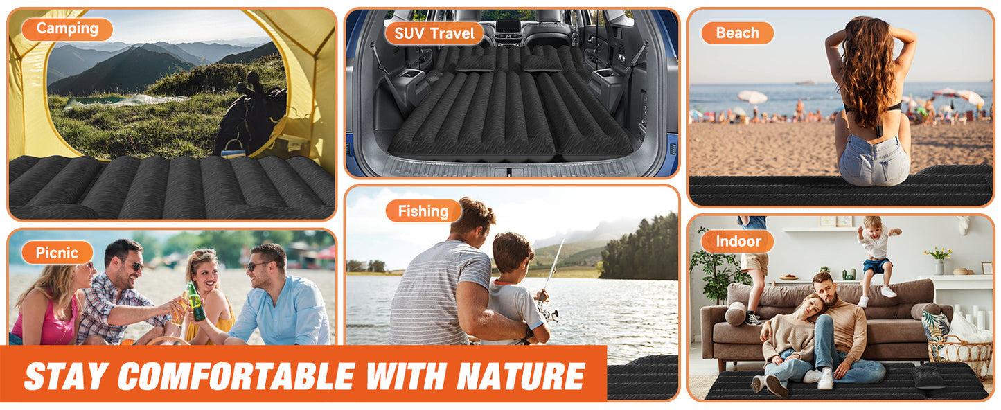 SUV Air Mattress: Inflatable Car Air Mattress for Camping, Flocking Car Bed with Air Pump And 2 Pillows, Portable Sleeping Pad Mattress for Home Car Travel Camping Black