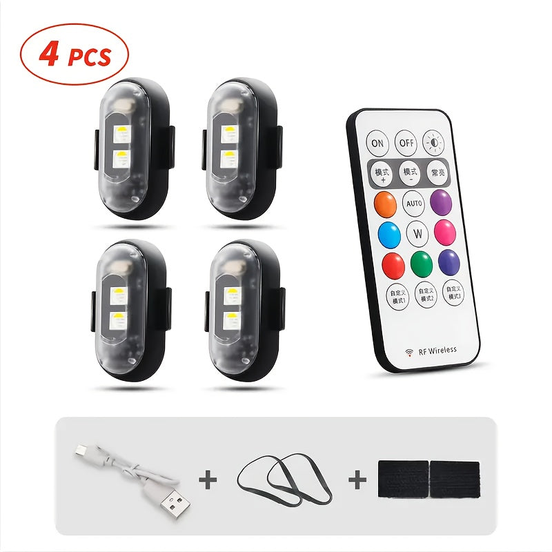 4/6pcs Wireless LED Strip Lights - 8-Color High-Brightness Anti-Collision Lighting with Remote Control, USB Charging, And Waterproof Design for Cars, Drones, Aircraft, Motorcycles, And Bikes