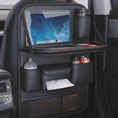 Fit PU Leather Car Seat Back Organizer with Multiple Compartments, Mesh Pockets & Laptop Holder - Foldable Travel Storage Bag for Car Interior Accessories
