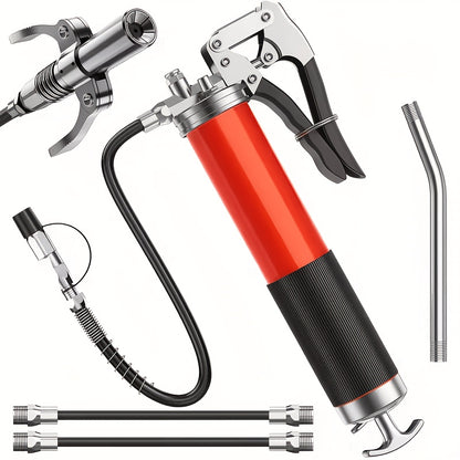 Grease Gun Kit 8000 PSI Heavy Duty Pistol Grip Grease Gun with Quick Locking Coupler Spring Flex Hose 14oz Load 2 Standard Hose Reinforced Coupler Rigid Pipe Sharp Nozzle