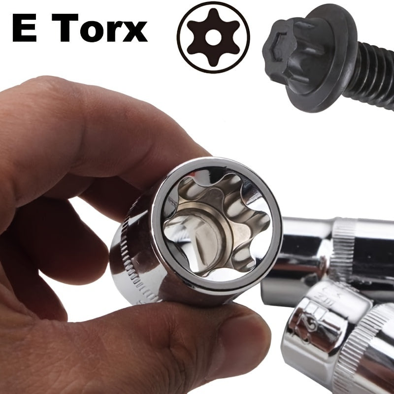 14pcs E-TORX Socket Set - Premium Star Torque Tools, 1/4", 3/8", 1/2" Drive, External Torx E4-E24 Sockets for All Vehicles, Fathers Day Gift