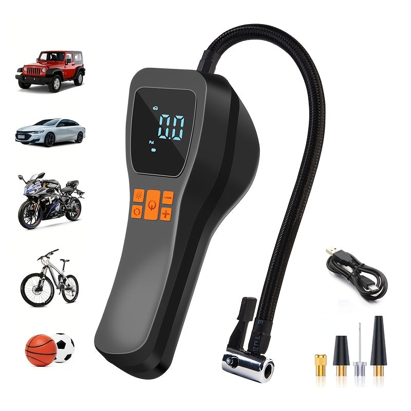 Portable Cordless Tire Inflator with Digital Gauge & LED Light – USB Rechargeable Fast Air Compressor for Car, Bike, Motorcycle & Sports Equipment