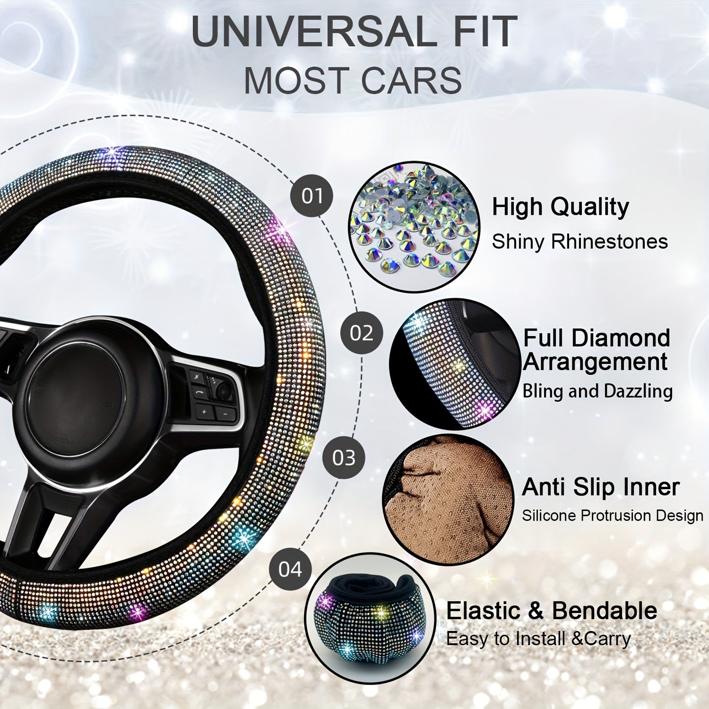 Set of 8 Sparkly Car Additions for Women, Including a Glittery Steering Wheel Cover, Shiny Car Coasters, Belt Shoulder Pads, Ring Emblem Sticker, And Gear Shift Cover