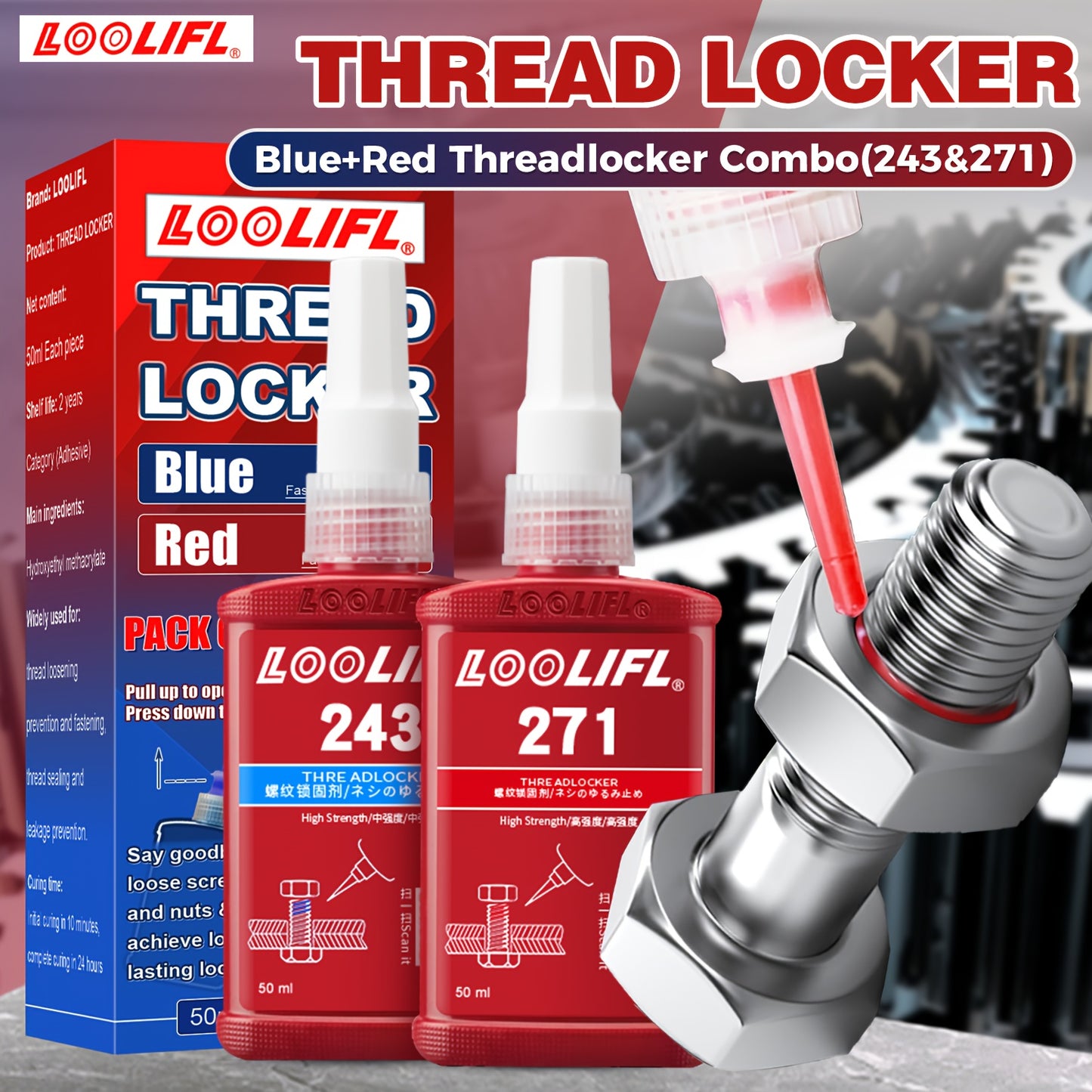 High-Strength Heat-Resistant 234-271 Threadlocker, 243 Medium-Strength Anaerobic Threadlocker, 271 High-Strength Anaerobic Threadlocker, Anti-Loosening Sealant, Permanent Locking and Sealing Multi-Purpose Adhesive for Metal Parts, Quick-Fix Removable