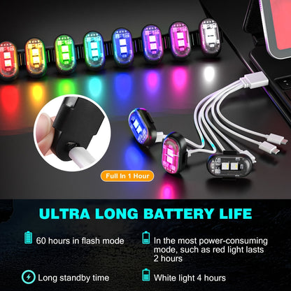 4-Pack Car Wireless LED Strip Light Remote Control | Magnetic Vibration Lights with 8 Colors, USB Rechargeable, IP65 Waterproof, Impact-Resistant Warning Lights, Suitable for Car Interiors, Trucks, Motorcycles, Drones, Aircraft, Bicycles