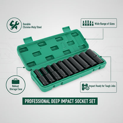 This Set of 1/2 Inch Deep Impact Sockets Comes with a Sturdy Green Storage Case, Perfect for Tasks Like Tire Removal, Mechanical Repairs, And Car Maintenance. It Works Well with Both Electric And Pneumatic Drills
