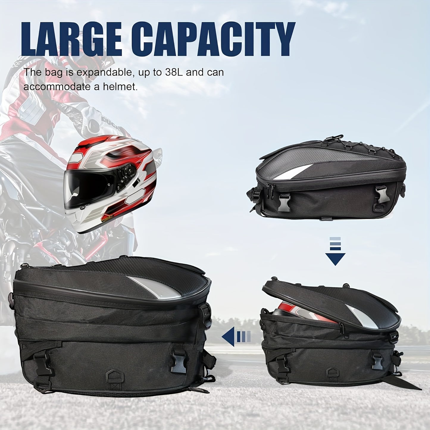 Versatile Motorcycle Rear Bag, 5.81-10.04gal - Synthetic Faux Leather Helmet Backpack with Storage Compartments & Reflective Straps for Off-Road Bikes, Street Motorcycles, And Motorbikes